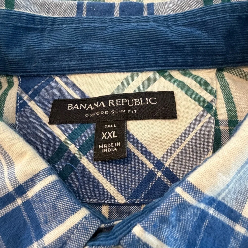 Banana Republic Men's Blue and Green Plaid Shirt
